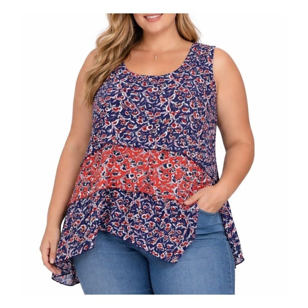 Energe brand women's blouse 3XL sleeveless floral tiered navy & Orange tank top